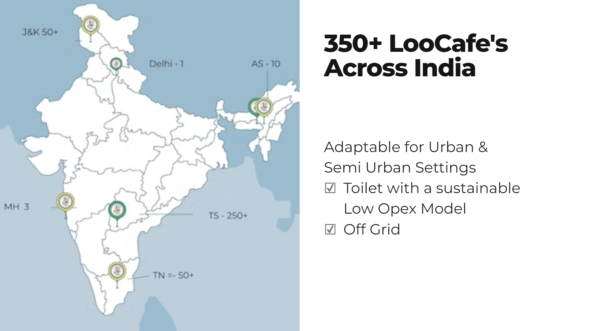 LooCafe presence across India - 350+ units in 10+ cities